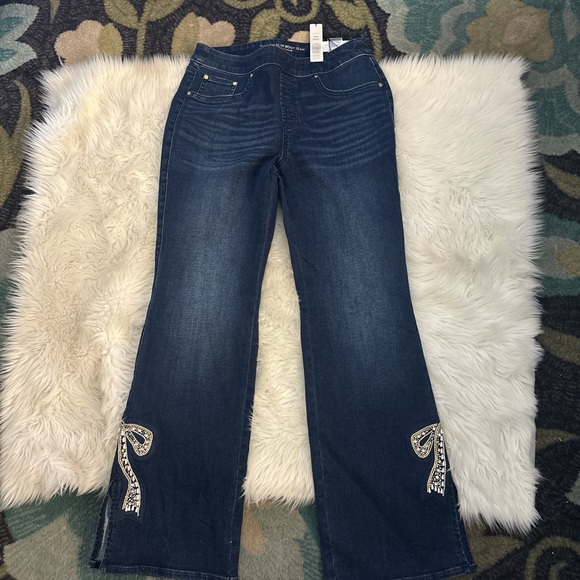 Chico's Dark Blue Flare Jeans with Embellished Accents